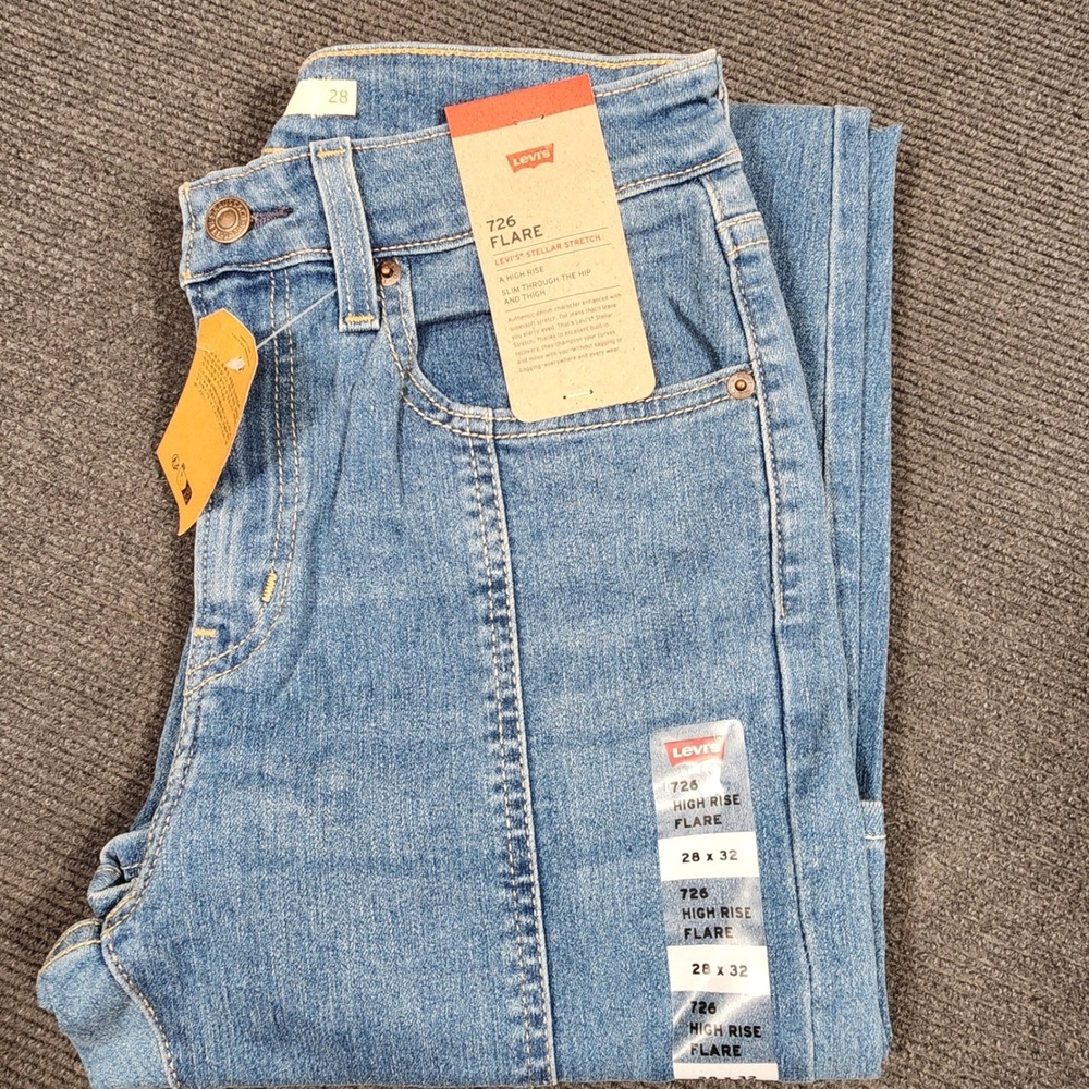 Levis 726 High Rise Flare Women 28x32 Blue Front Seam Slit Hem NWT Denim